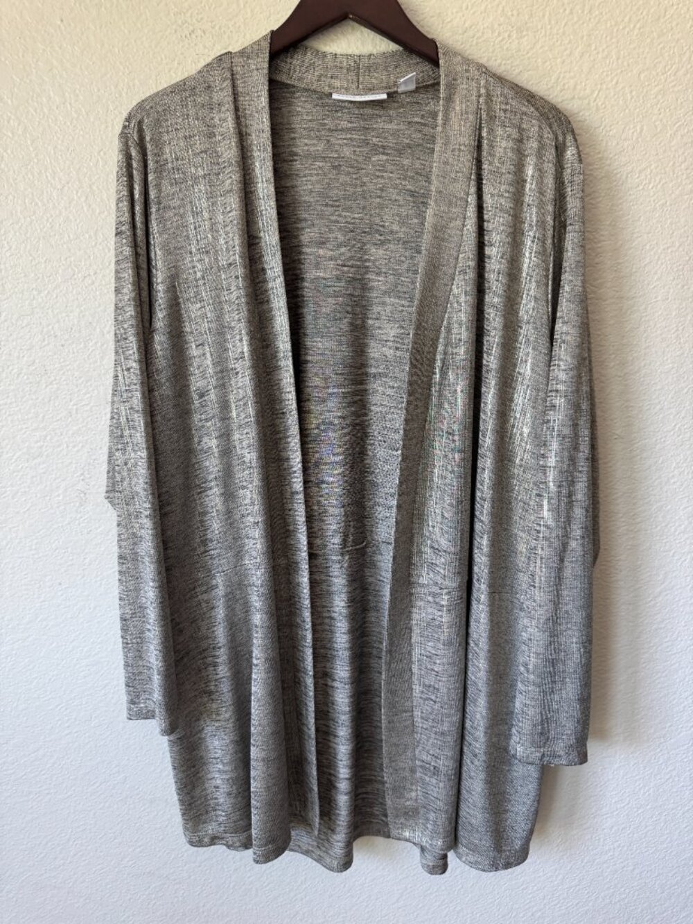 Susan Graver Open Front Cardigan Sz 3X Gold Metallic Slinky Liquid Knit Comfy